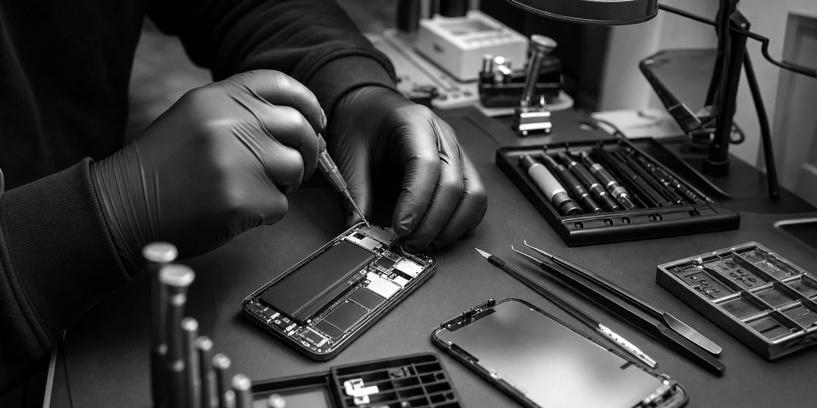 Close-up of careful phone repair work